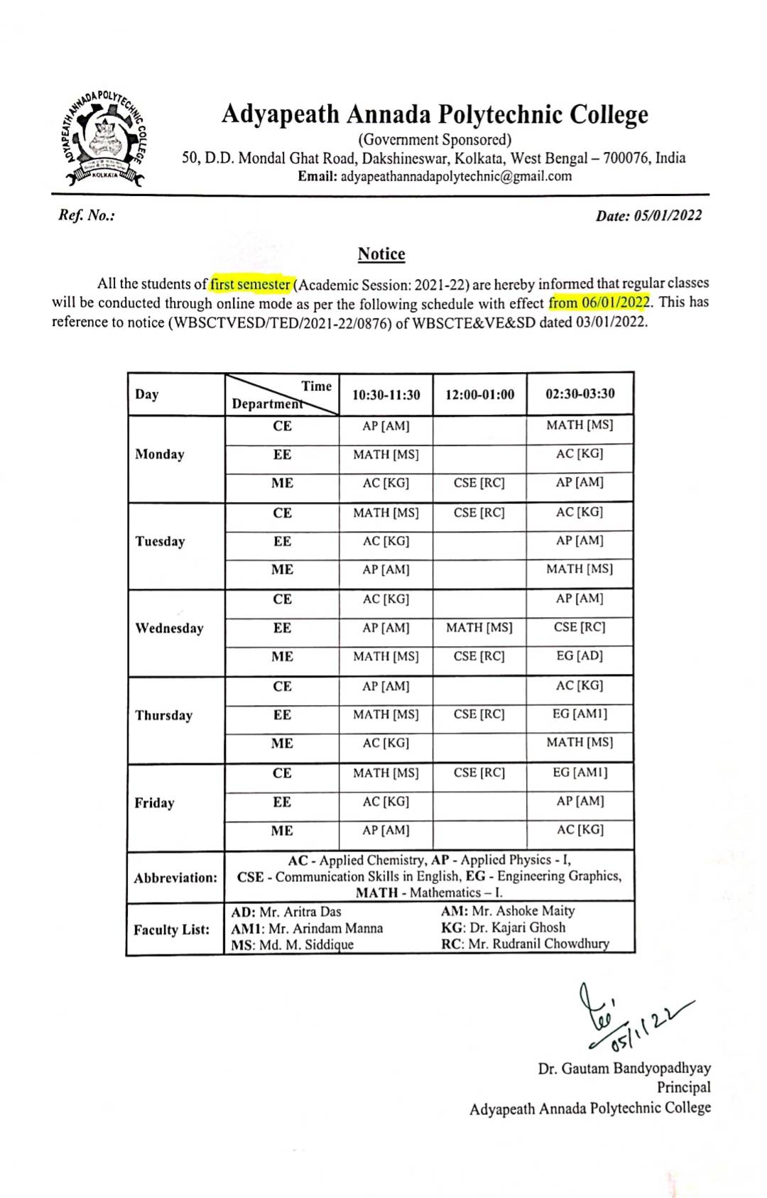 1st SEM, Routine For Online Classes - Adyapeath Annada Polytechnic College