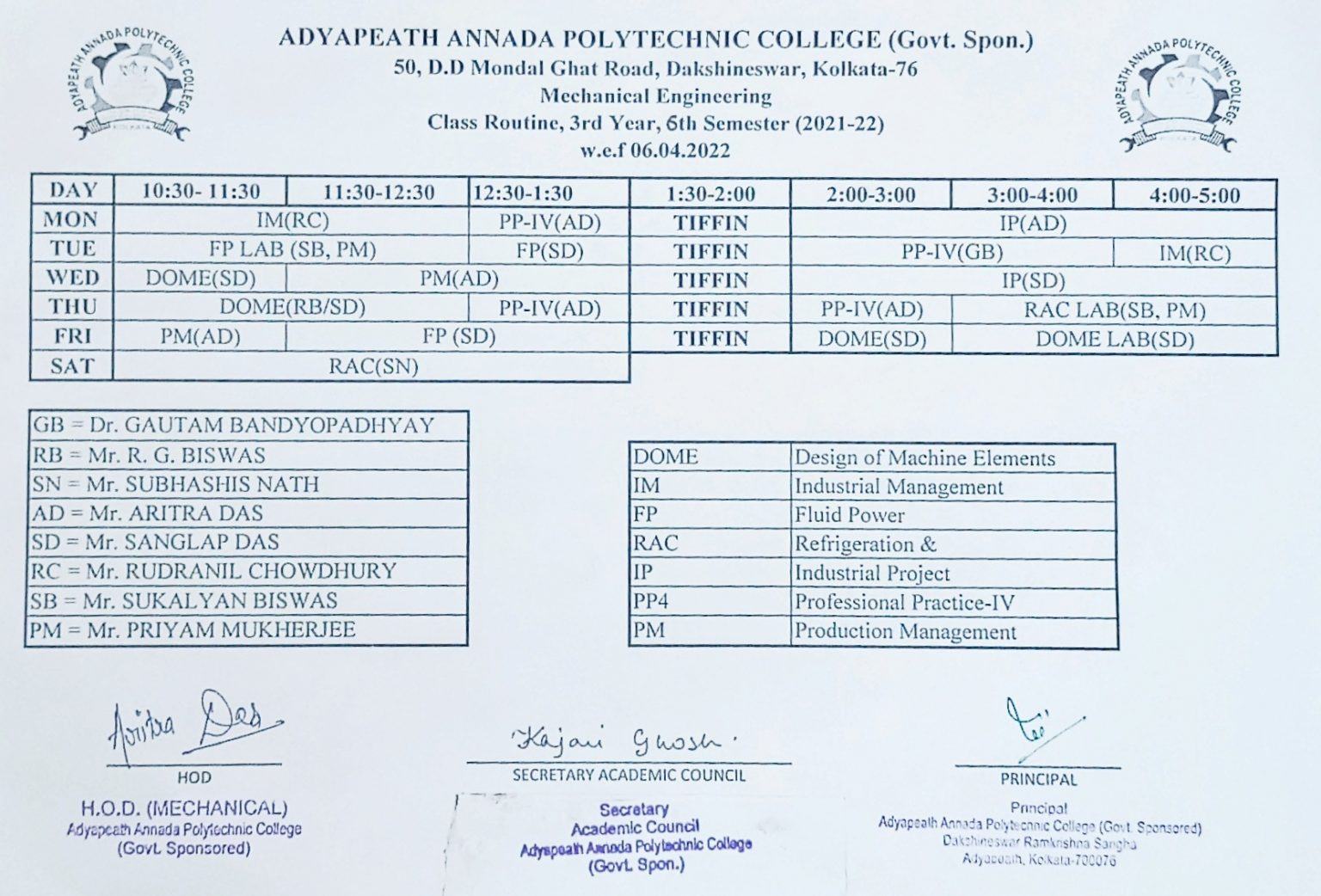 Class routine for Mechanical Engineering 3rd year 6th SEM, 2022
