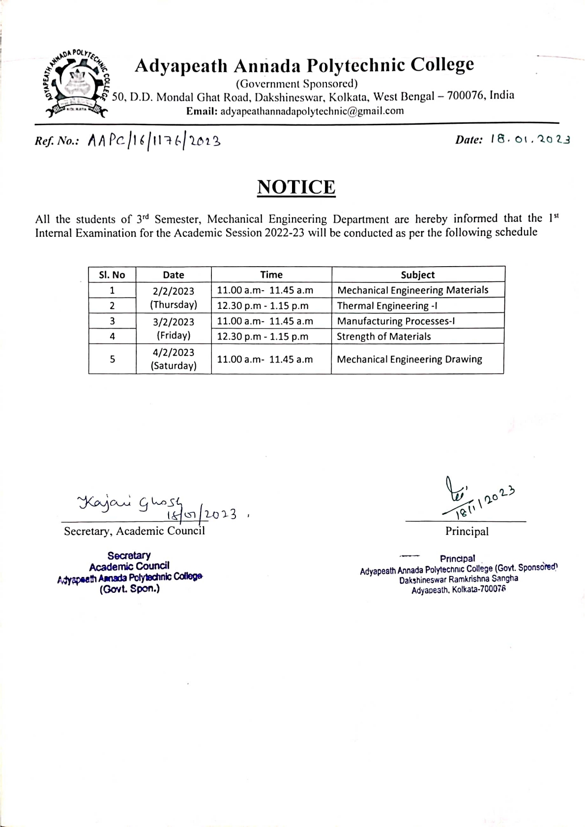 Polytechnic Exam Routine ROUTINE FOR 1ST INTERNAL EXAMINATION OF 3RD SEMESTER, MECHANICAL ...