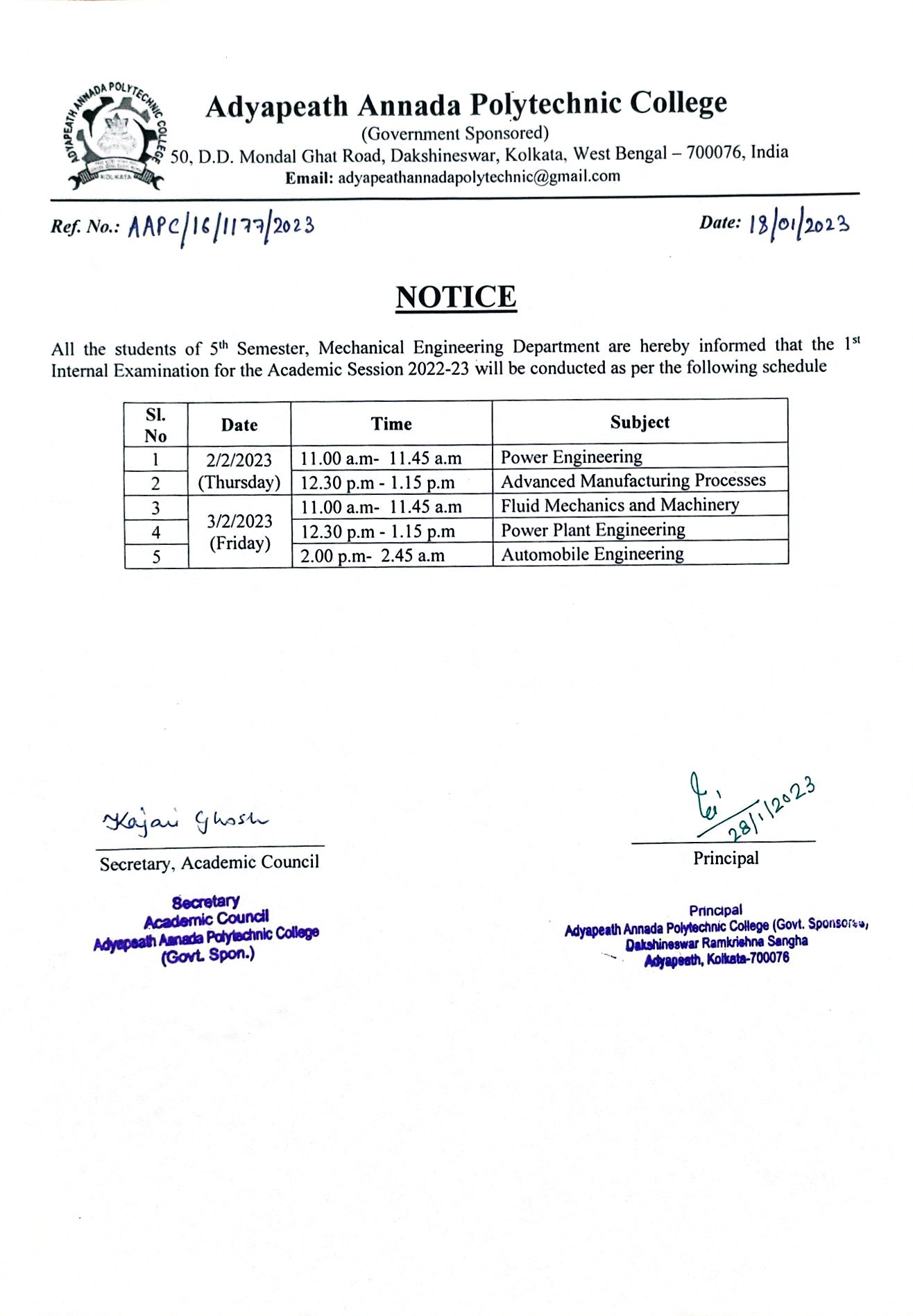 Polytechnic Exam Routine ROUTINE FOR 1ST INTERNAL EXAMINATION OF 5th SEMESTER, MECHANICAL ...