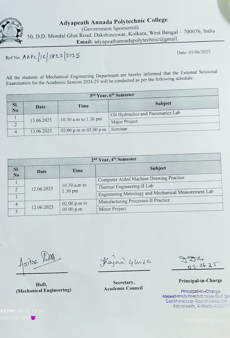 Polytechnic Exam Routine External Sessional Exam - Schedule - DME (3rd Year, 6th SEM and 2nd ...